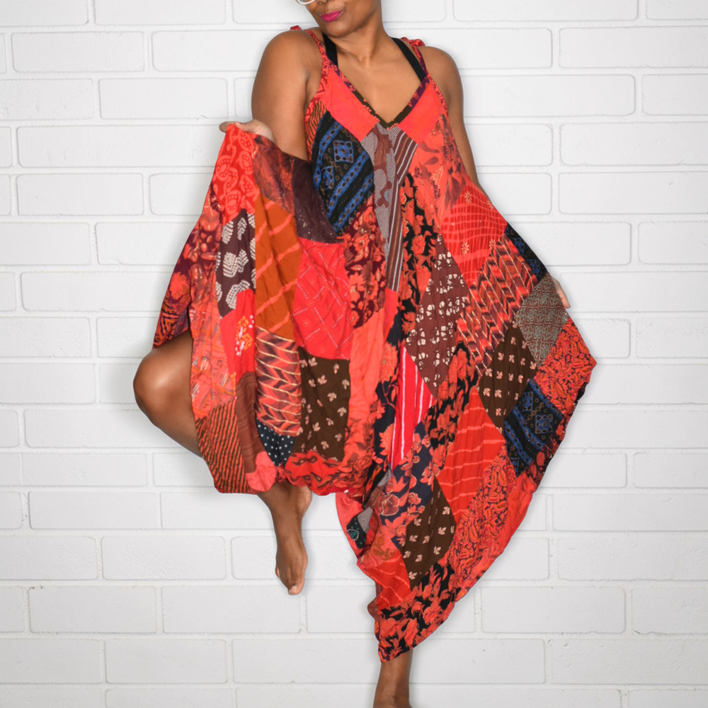 Boho Patchwork Harem Romper Red Tie Strap Jumper … - image 10